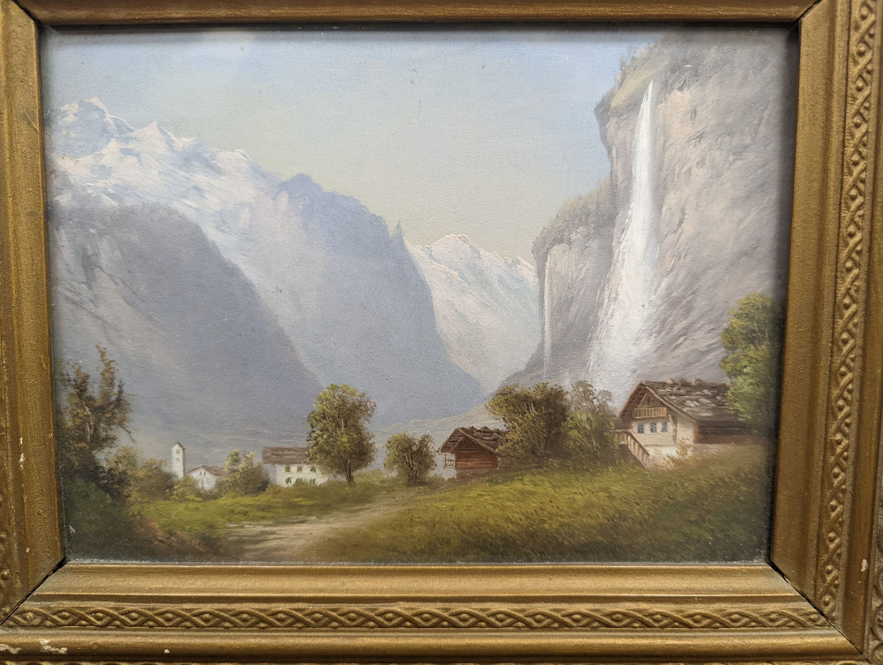 Late 19th century Swiss School, pair of oils on board, Swiss scenes, Wetterhorn and Waterfall, 15 x 20cm